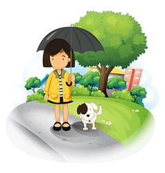 A girl with an umbrella and a puppy at the road vector image