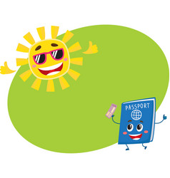 Passport and sun characters symbolizing vacation vector image