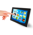 Tablet pc with icons women hand vector image