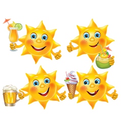 Funny sun with cool drinks and desserts vector image