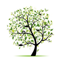Spring tree green with birds for your design vector image