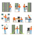 Young man working in network server room vector image