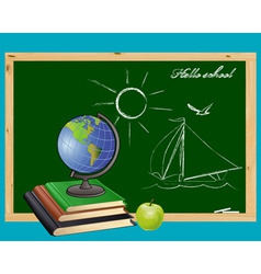 Globe books and green apple on the background of t vector image