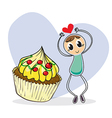 A girl beside a big cupcake vector image