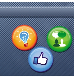 Jeans texture with pins and social media icons vector image