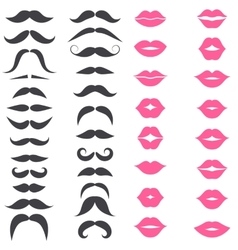 Set of mustache and pink lips isolated on white vector image