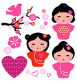 Japan love Geisha and floral elements set vector image