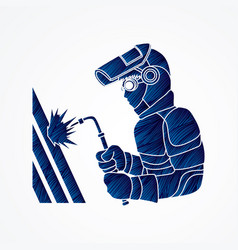 Welder in mask uniform with welding machine Vector Image