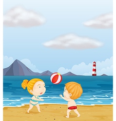 A girl and a boy playing volleyball at the beach vector image