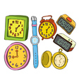 Set of various watch and clock doodle color vector image