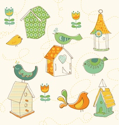 Bird houses doodles vector image
