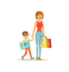 Mother and happy smiling son with shopping bags vector image