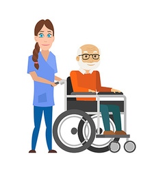 Young nurse pushing wheelchair with disabled old vector image