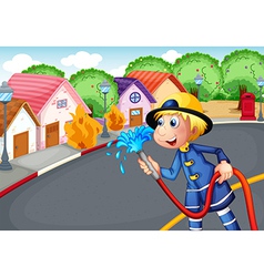The fireman holding a hose rescuing a village on vector image