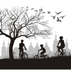 Family on bicycle trip out of town vector image