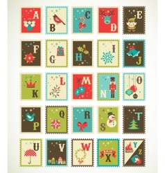Christmas retro alphabet with cute xmas icons vector image