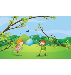 Kids playing blowing bubbles vector image