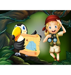 A girl with a telescope and a bird with a map vector image