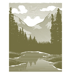 Woodcut Wilderness River Scene vector image