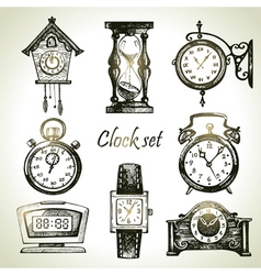 Hand drawn set of clocks and watches vector image