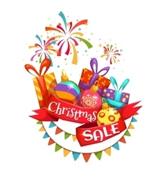 Christmas sale banner with ribbon and firework vector image