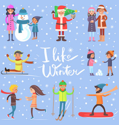 I like winter poster with sportive happy people vector image