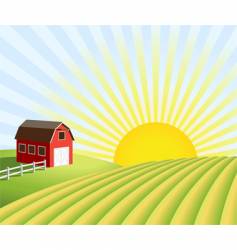 Farm and fields at sunrise vector image