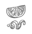 Lemon slice and peel twirled black vintage Lemon slice and peel twirled black vintage vector image