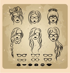 Girls faces with hair sunglasse shape of the lips vector image