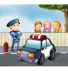 A policeman and the three girls outside the fence vector image