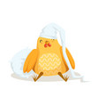 Funny cartoon chick bird sleeping in his bed vector image