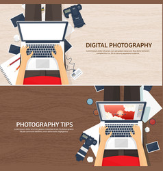 Photographer equipment on a table photography Photographer equipment on a table photography vector image