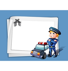 A policeman with a police car beside a blank paper vector image