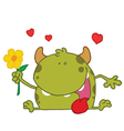 Happy Green Monster Holding A Yellow Flower vector image