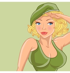 Cartoon female soldier gives honor vector image