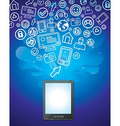 Tablet pc with bright social media icons - vector image