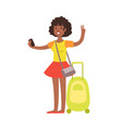 Woman standing with travel suitcase colorful Woman standing with travel suitcase colorful vector image