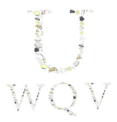 Decorative font with food element letters u w q v vector image