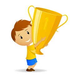 Cartoon young winner with golden trophy cup vector image
