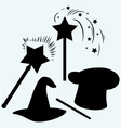 Set magic hat with magic wand sparkles vector image