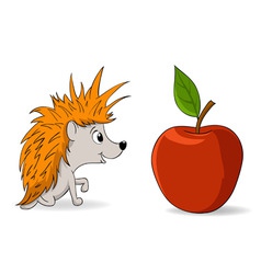 Cartoon little hedgehog and red apple vector image
