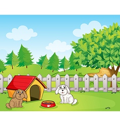 A doghouse inside the wooden fence near the hill vector image