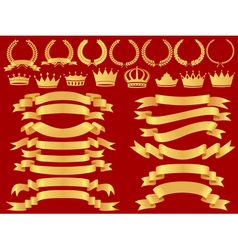 Gold bannerlaurel wreath and crown set vector image