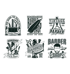 Monochrome vintage barber shop logos set vector image