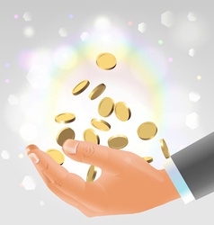 Golden coins falling into male hand vector image