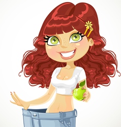 Girl shows on old jeans as she lost weight vector image