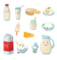 Milk products with smiles cartoon set vector image