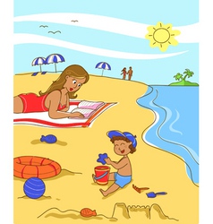 Mom and son on the beach vector image