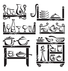Kitchen utensils on shelves vector image