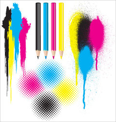 CMYK splatters pencils and halftones vector image